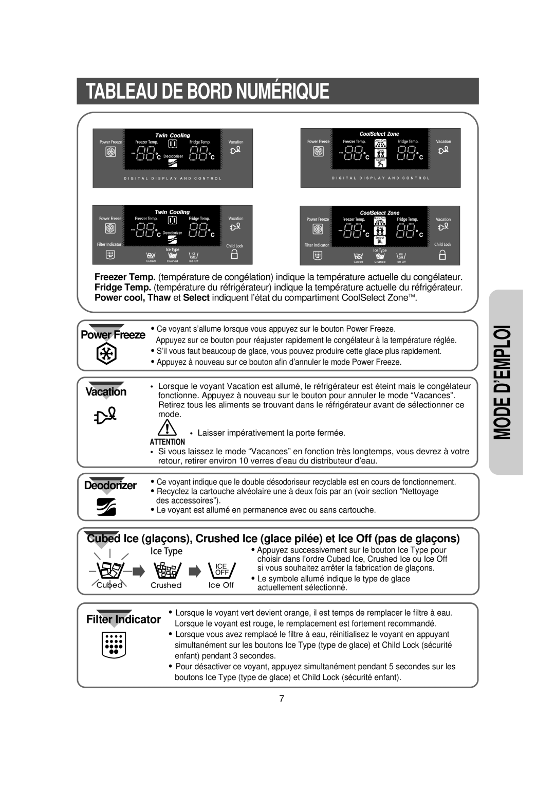 Samsung RS56XDJSW1/XEF, RS56XDJNS1/XEF manual Tableau DE Bord Numérique, Vacation Deodorizer 