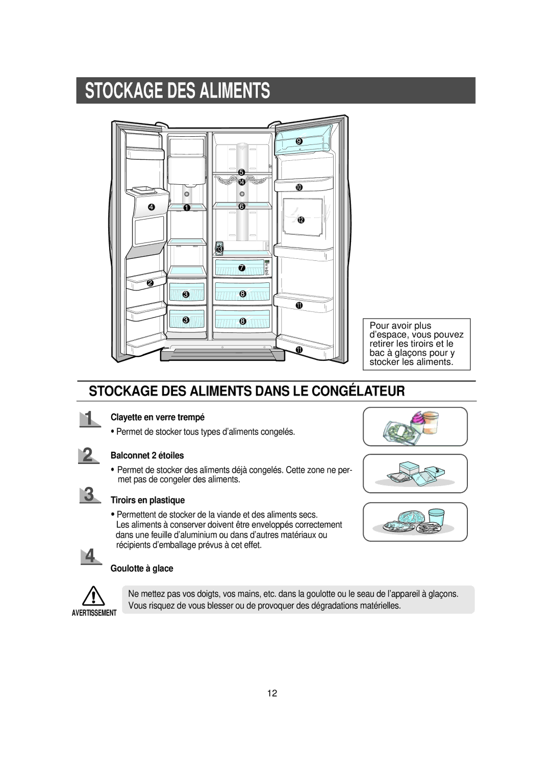 Samsung RS56XDJSW1/XEF manual Stockage DES Aliments, Clayette en verre trempé, Balconnet 2 étoiles, Tiroirs en plastique 