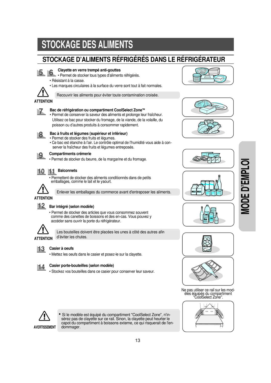 Samsung RS56XDJSW1/XEF manual Clayette en verre trempé anti-gouttes, Bac de réfrigération ou compartiment CoolSelect ZoneTM 