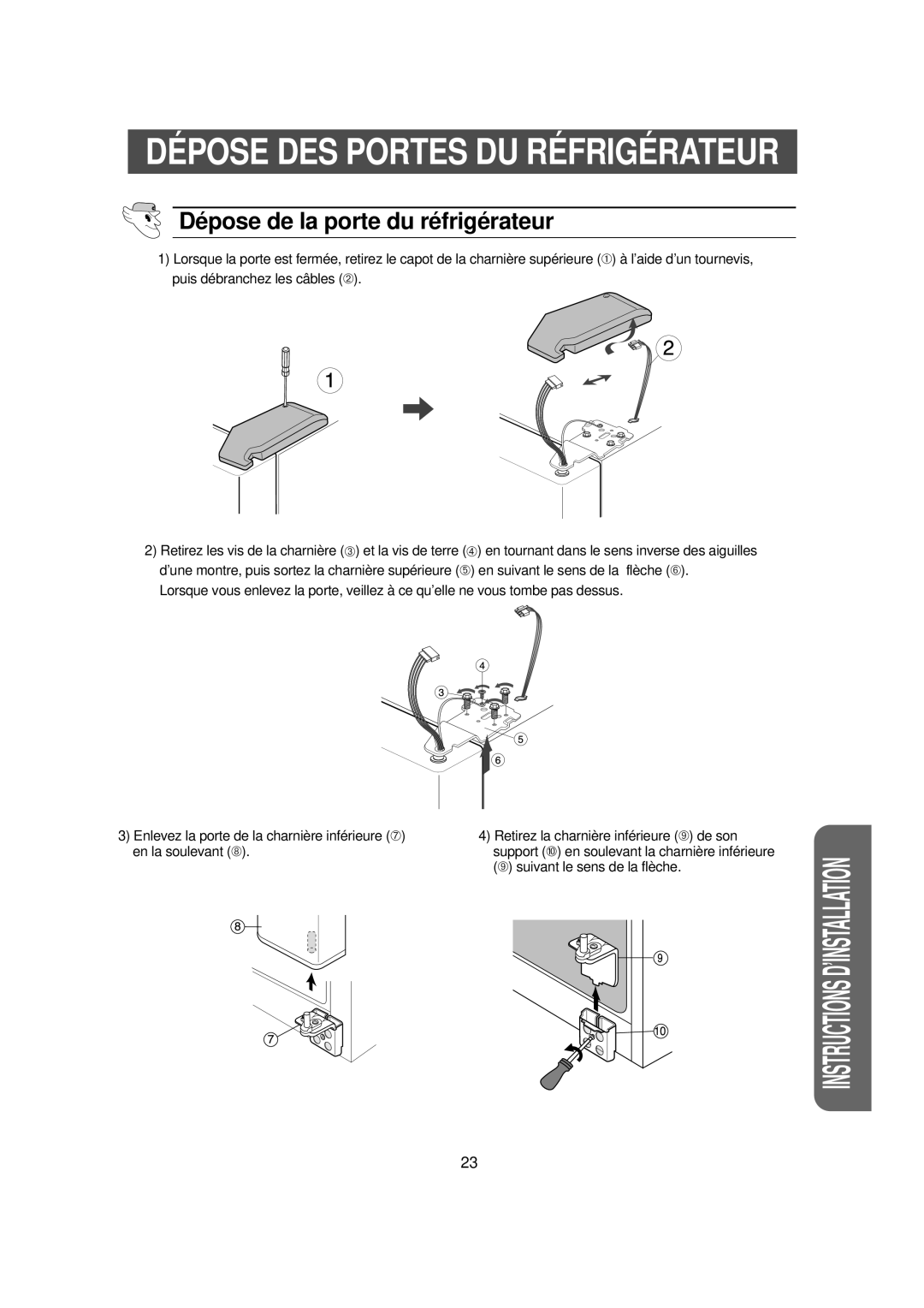 Samsung RS56XDJSW1/XEF manual Dé pose de la porte du ré frigé rateur 