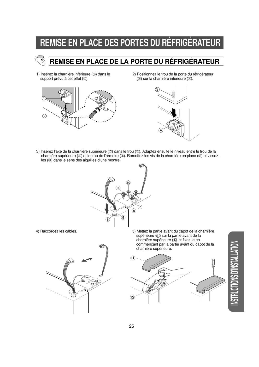 Samsung RS56XDJSW1/XEF manual Supérieure 11 sur la partie avant de la, Charnière supérieure 12 et fixez-le en 