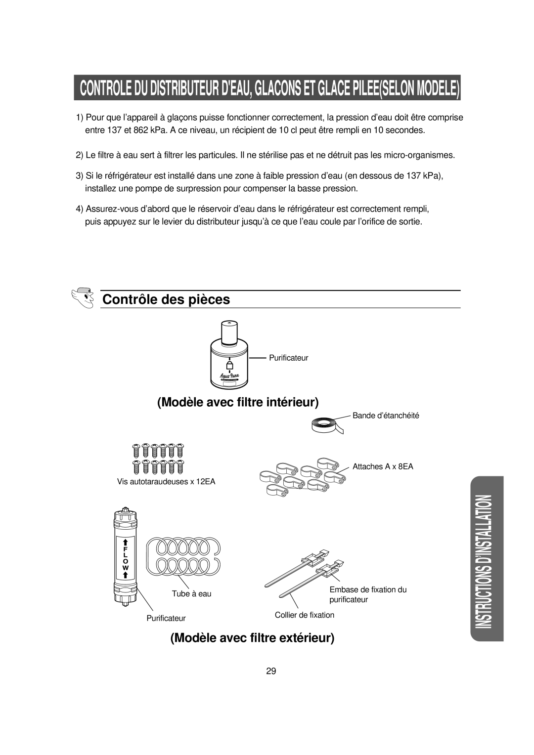 Samsung RS56XDJSW1/XEF manual Contrô le des piè ces, Purificateur Collier de fixation 