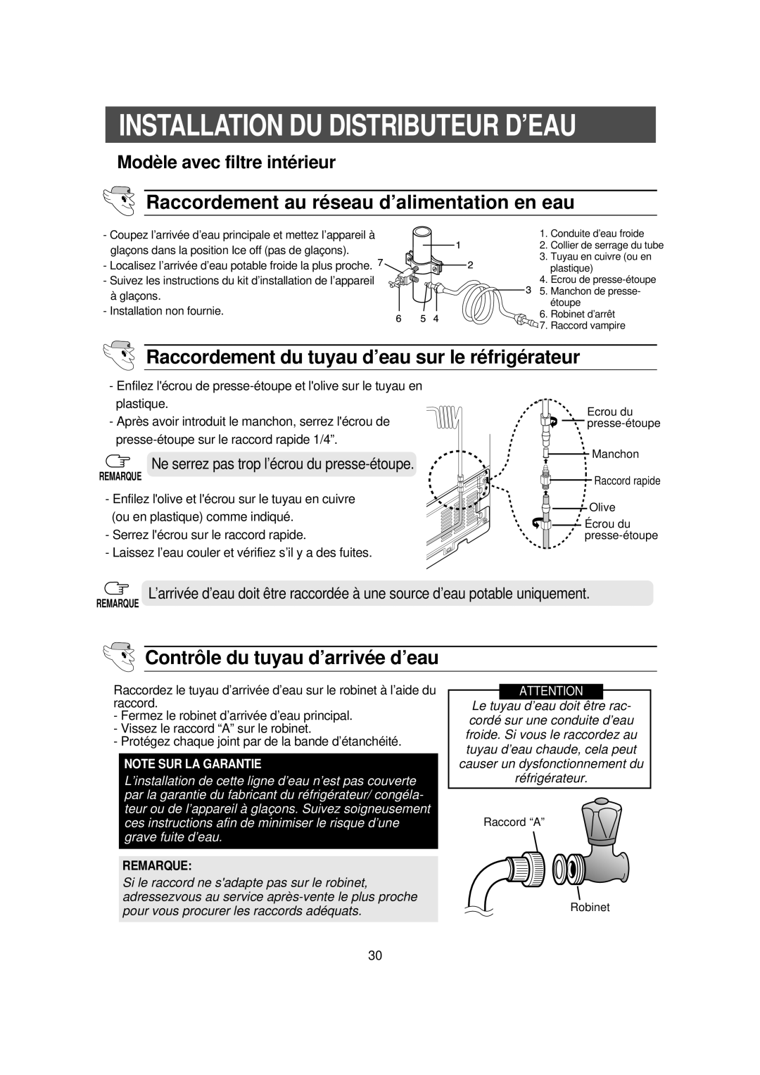 Samsung RS56XDJSW1/XEF manual Installation DU Distributeur D’EAU, Raccordement au ré seau d’alimentation en eau 