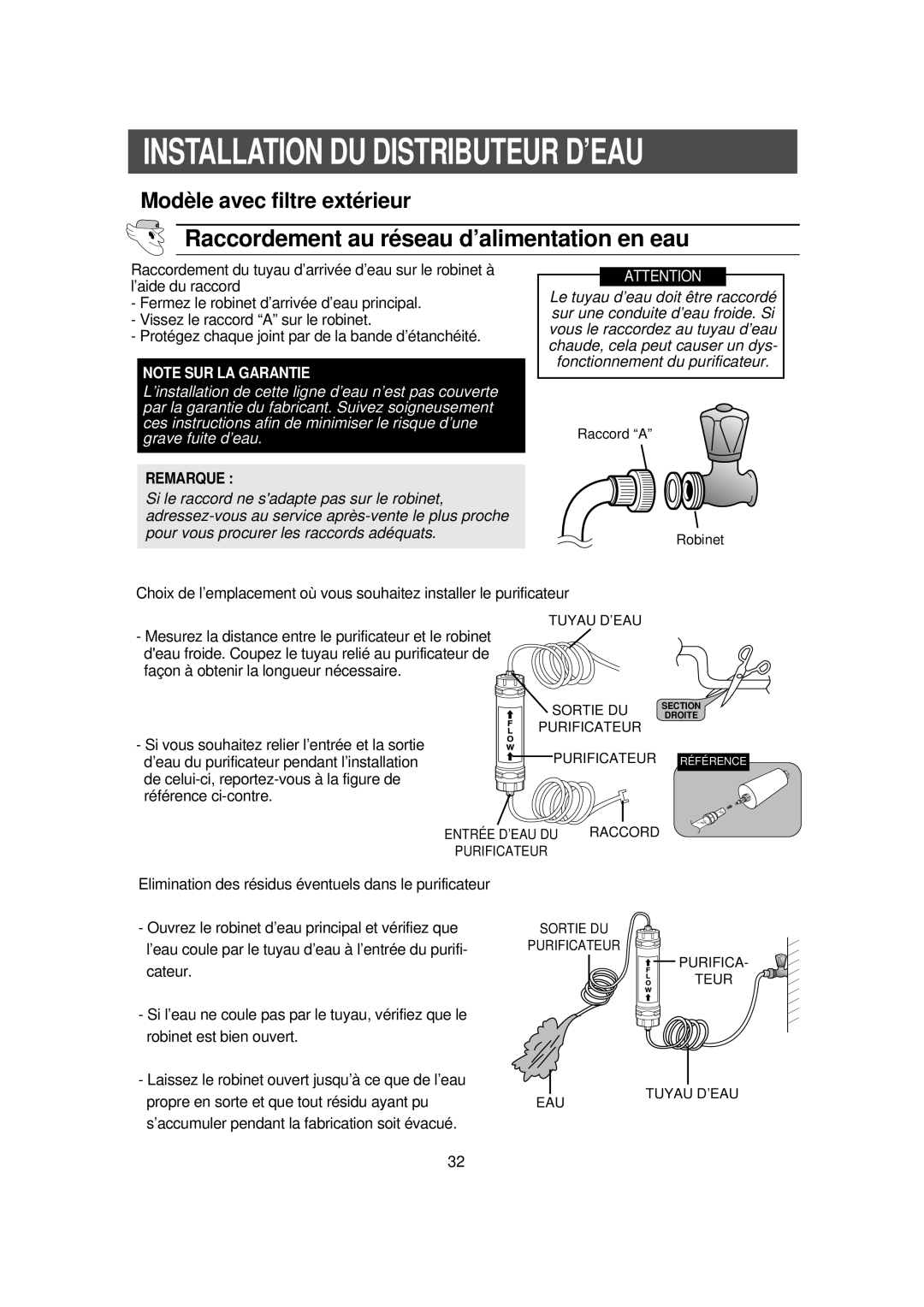 Samsung RS56XDJSW1/XEF manual ’eau coule par le tuyau d’eau à l’entrée du purifi 