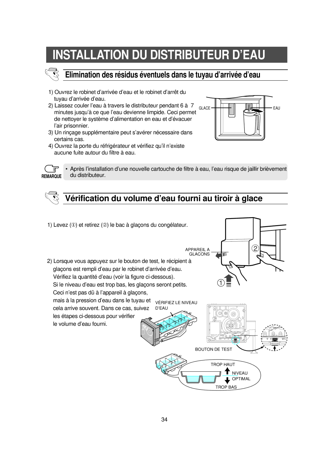 Samsung RS56XDJSW1/XEF manual Vé rification du volume d’eau fourni au tiroir à glace 