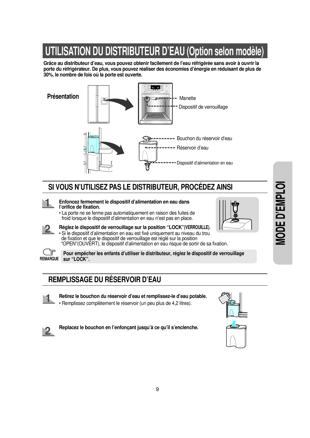 Samsung RS56XDJSW1/XEF manual Utilisation DU Distributeur D’EAU Option selon modèle, Dispositif de verrouillage 