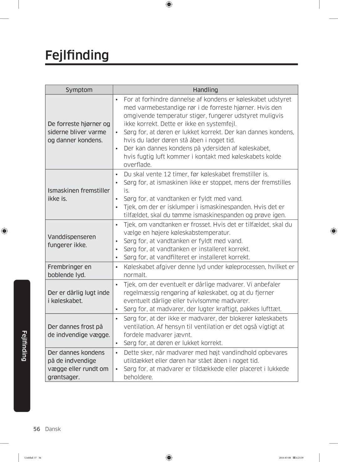 Samsung RS57K4000SA/EF, RS53K4400WW/EF, RS53K4400SA/EF, RS57K4000WW/EF manual Fejlfinding 