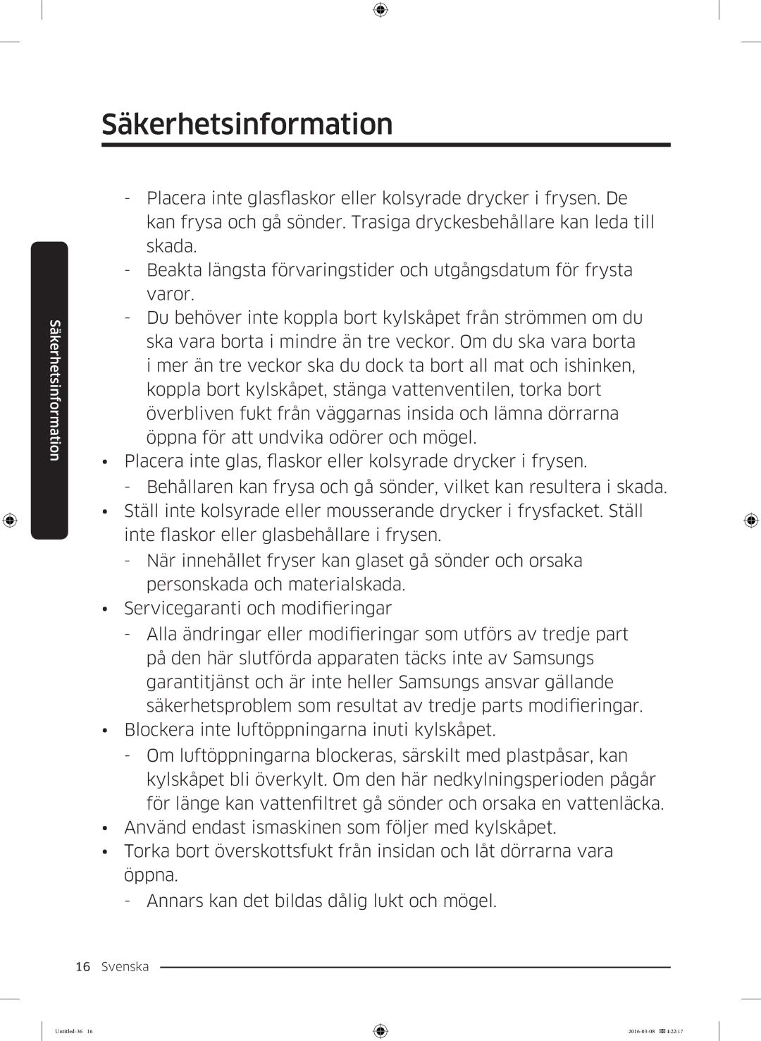 Samsung RS57K4000SA/EF, RS53K4400WW/EF, RS53K4400SA/EF, RS57K4000WW/EF manual Säkerhetsinformation 