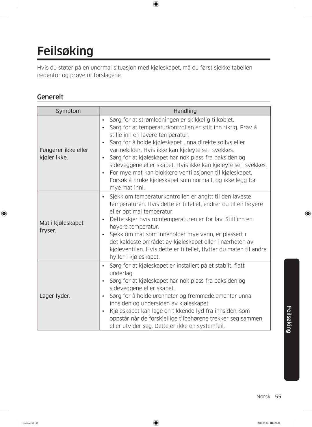 Samsung RS57K4000WW/EF, RS57K4000SA/EF, RS53K4400WW/EF, RS53K4400SA/EF manual Feilsøking, Generelt 