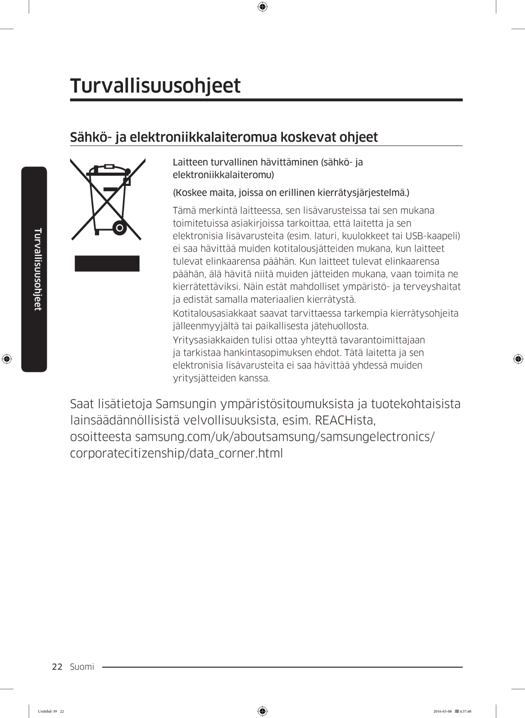 Samsung RS53K4400SA/EF, RS57K4000SA/EF, RS53K4400WW/EF, RS57K4000WW/EF Sähkö- ja elektroniikkalaiteromua koskevat ohjeet 