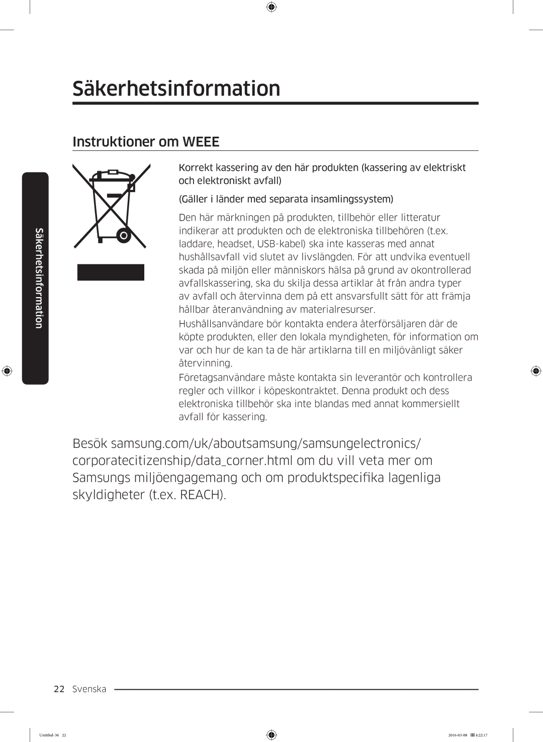 Samsung RS53K4400SA/EF, RS57K4000SA/EF, RS53K4400WW/EF, RS57K4000WW/EF manual Instruktioner om Weee 