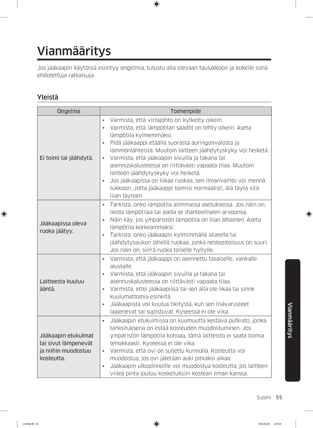 Samsung RS57K4000WW/EF, RS57K4000SA/EF, RS53K4400WW/EF, RS53K4400SA/EF manual Vianmääritys, Yleistä 