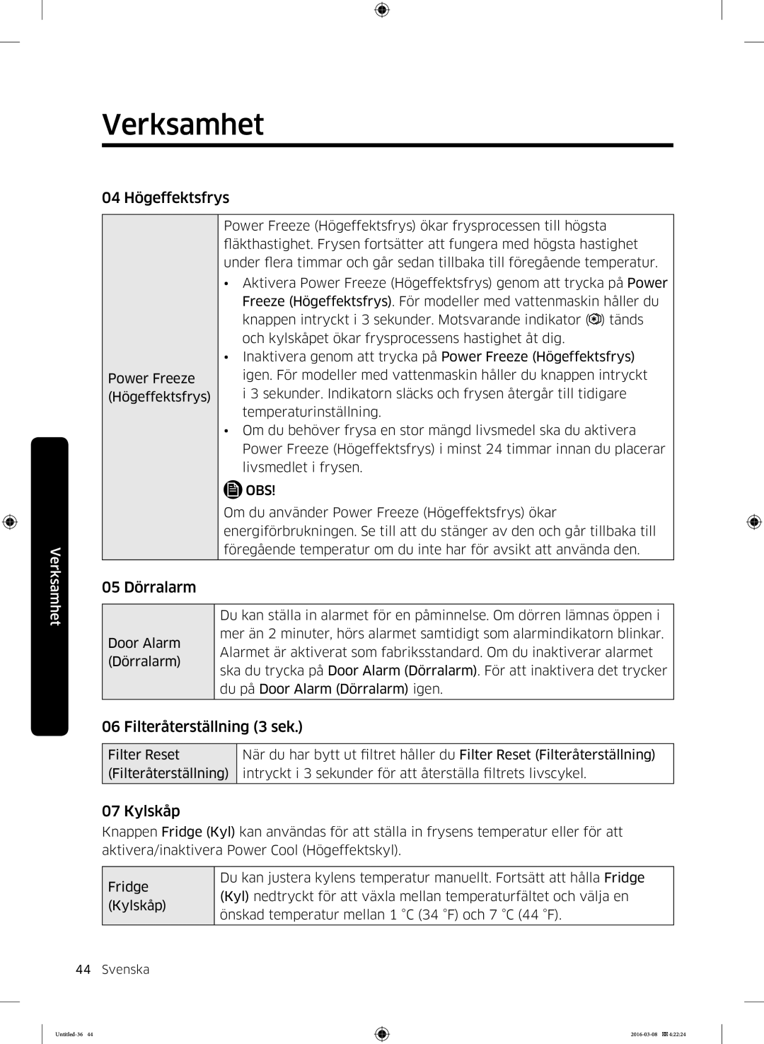 Samsung RS57K4000SA/EF, RS53K4400WW/EF, RS53K4400SA/EF 04 Högeffektsfrys, 05 Dörralarm, Filteråterställning 3 sek, Kylskåp 