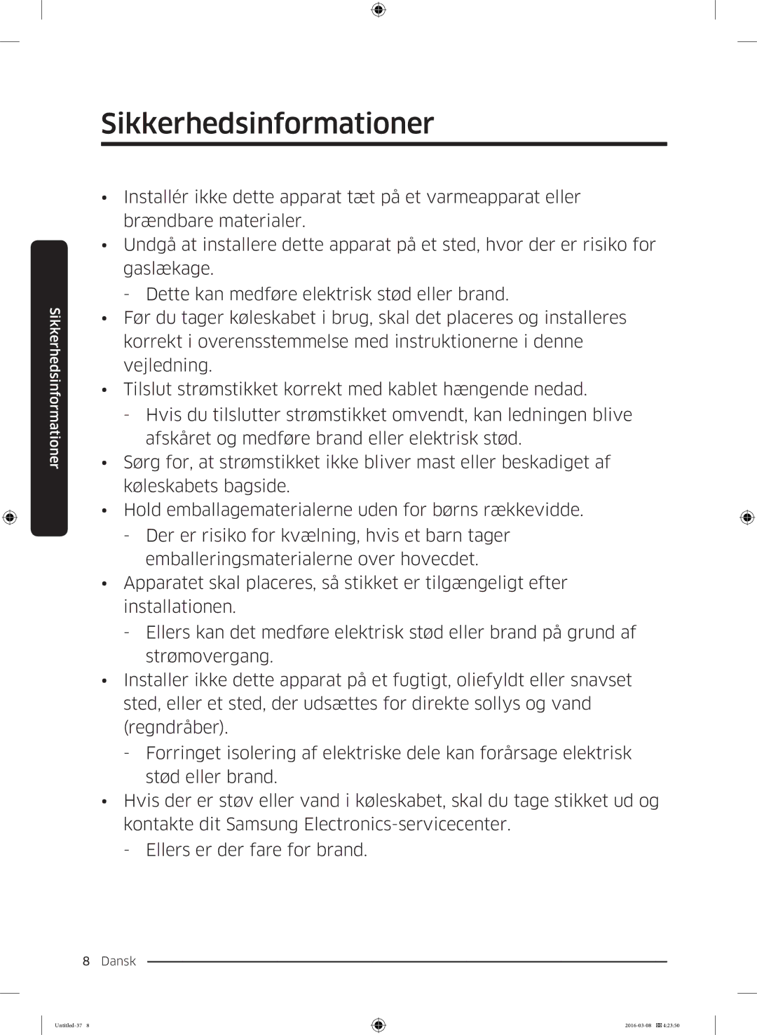 Samsung RS57K4000SA/EF, RS53K4400WW/EF, RS53K4400SA/EF, RS57K4000WW/EF manual Sikkerhedsinformationer 