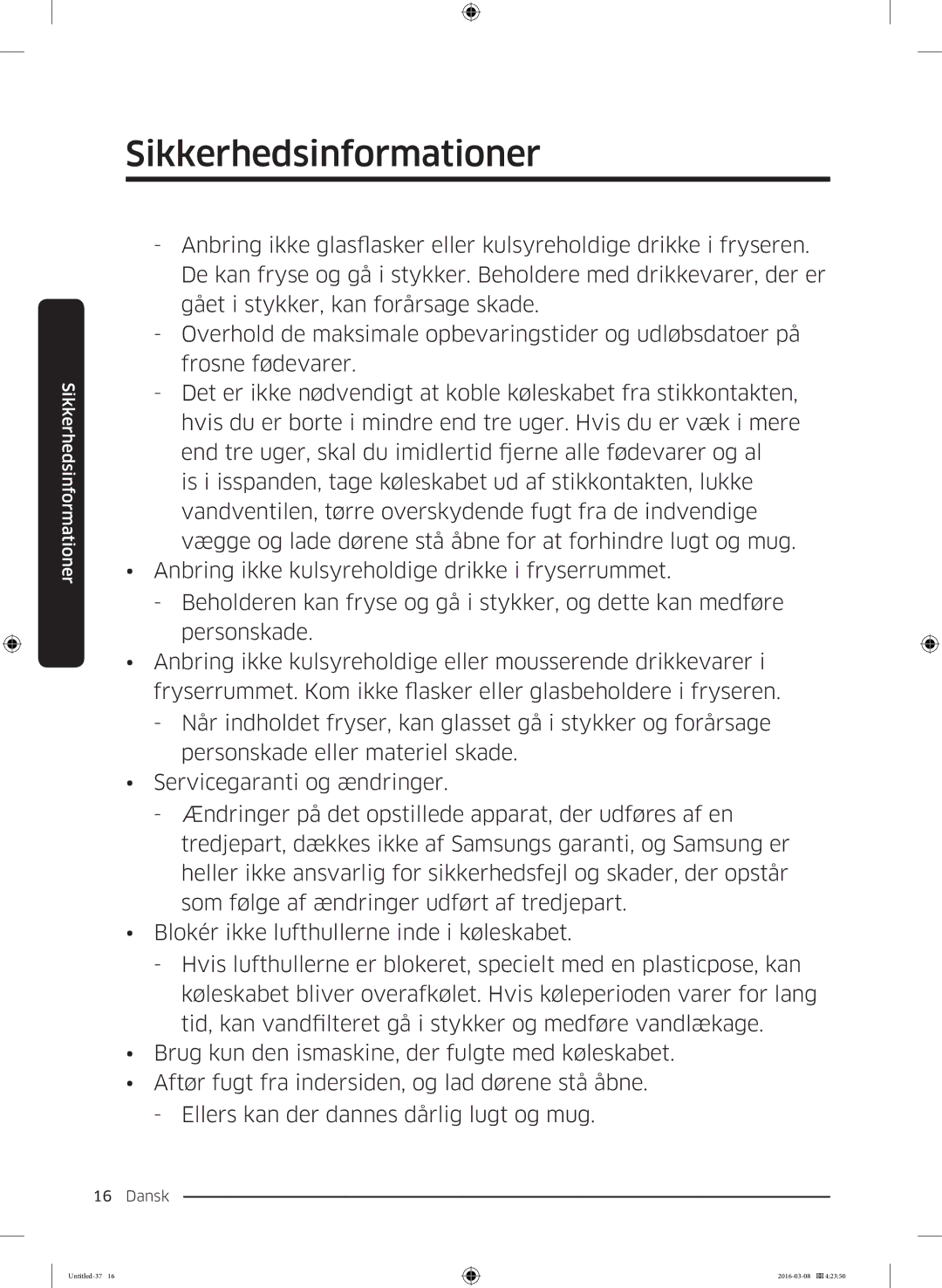 Samsung RS57K4000SA/EF, RS53K4400WW/EF, RS53K4400SA/EF, RS57K4000WW/EF manual Sikkerhedsinformationer 