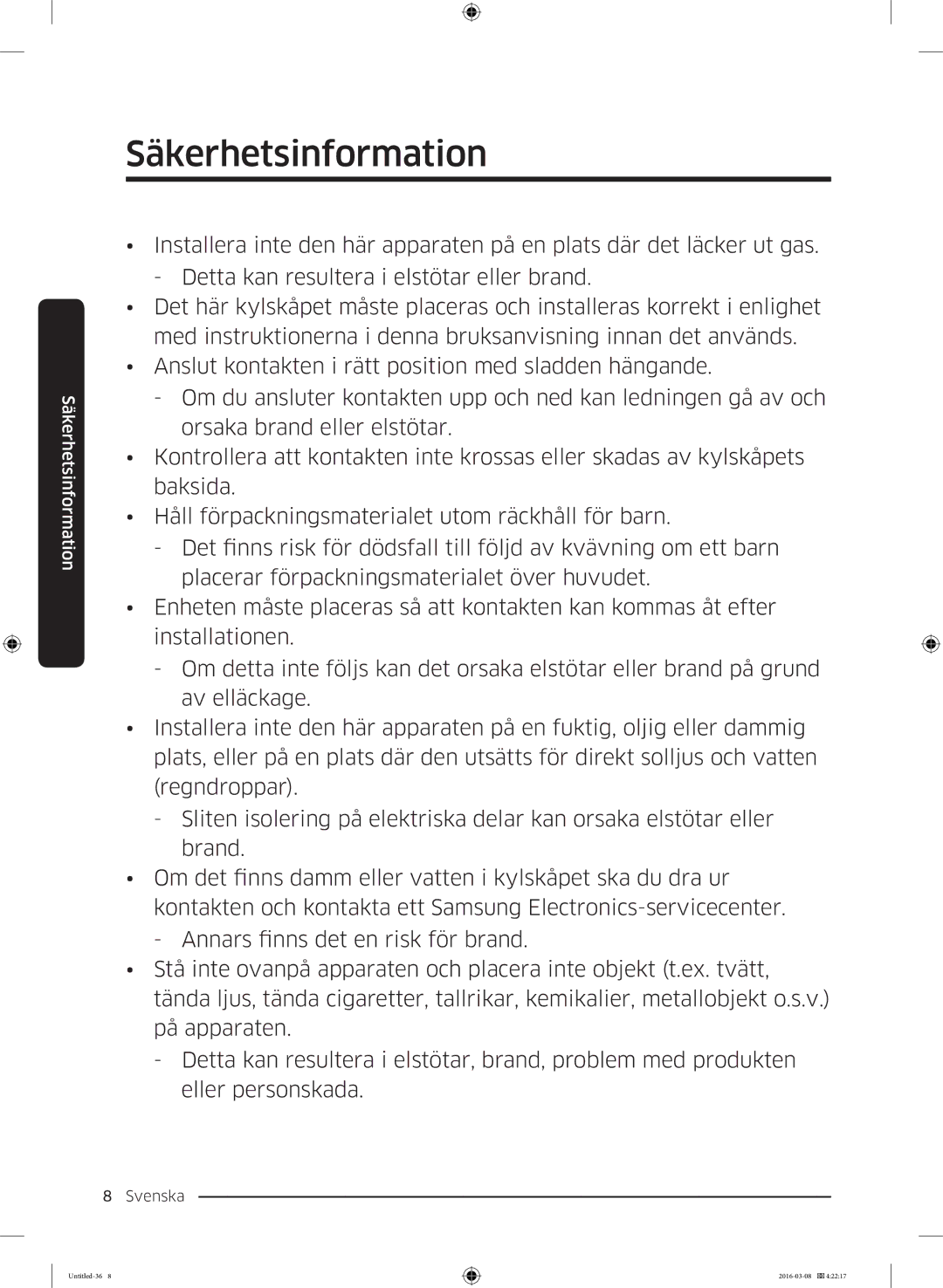 Samsung RS57K4000SA/EF, RS53K4400WW/EF, RS53K4400SA/EF, RS57K4000WW/EF manual Säkerhetsinformation 