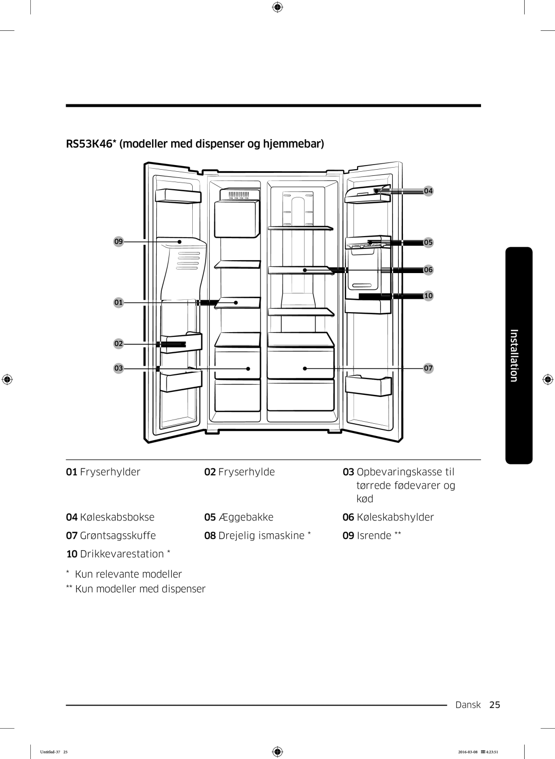 Samsung RS53K4400WW/EF, RS57K4000SA/EF, RS53K4400SA/EF, RS57K4000WW/EF manual RS53K46* modeller med dispenser og hjemmebar 