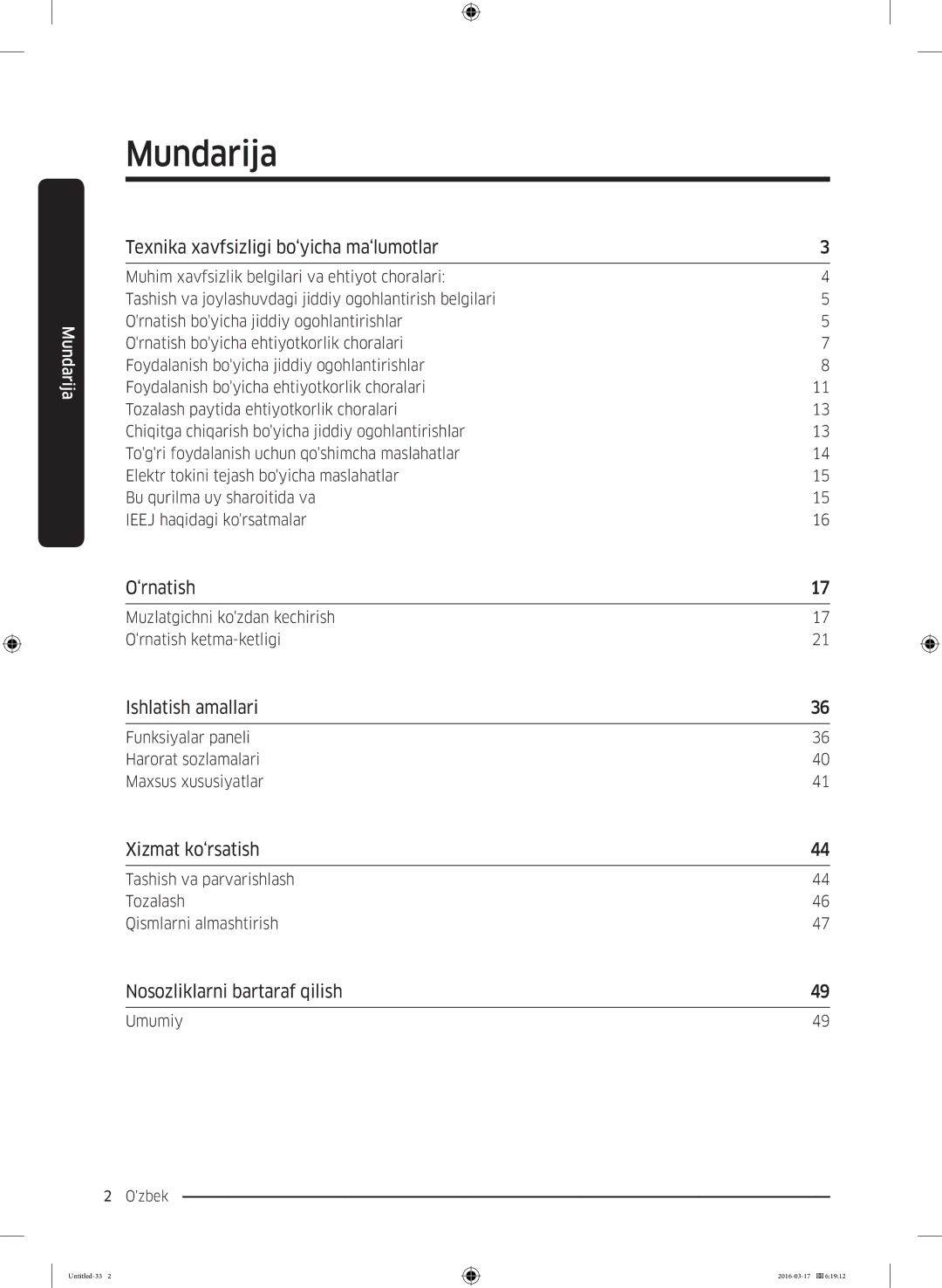 Samsung RS57K4000SA/WT manual Texnika xavfsizligi bo‘yicha ma‘lumotlar, ‘rnatish, Ishlatish amallari, Xizmat ko‘rsatish 