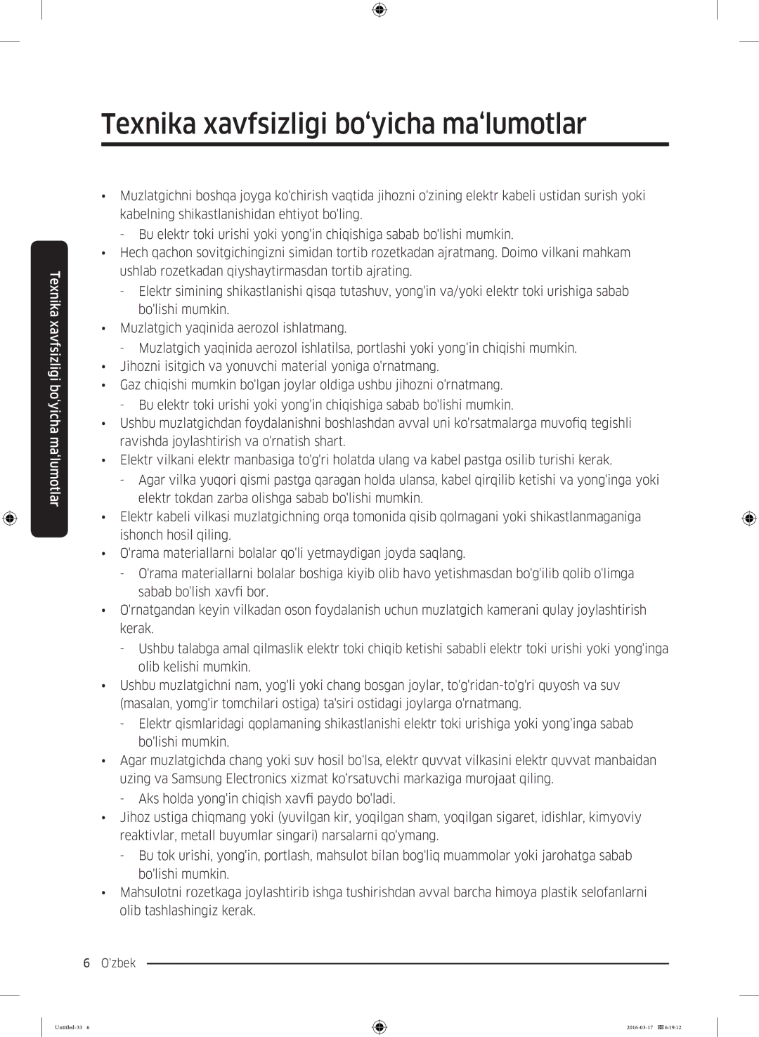 Samsung RS57K4000SA/WT, RS57K4000WW/WT manual Texnika xavfsizligi bo‘yicha ma‘lumotlar 