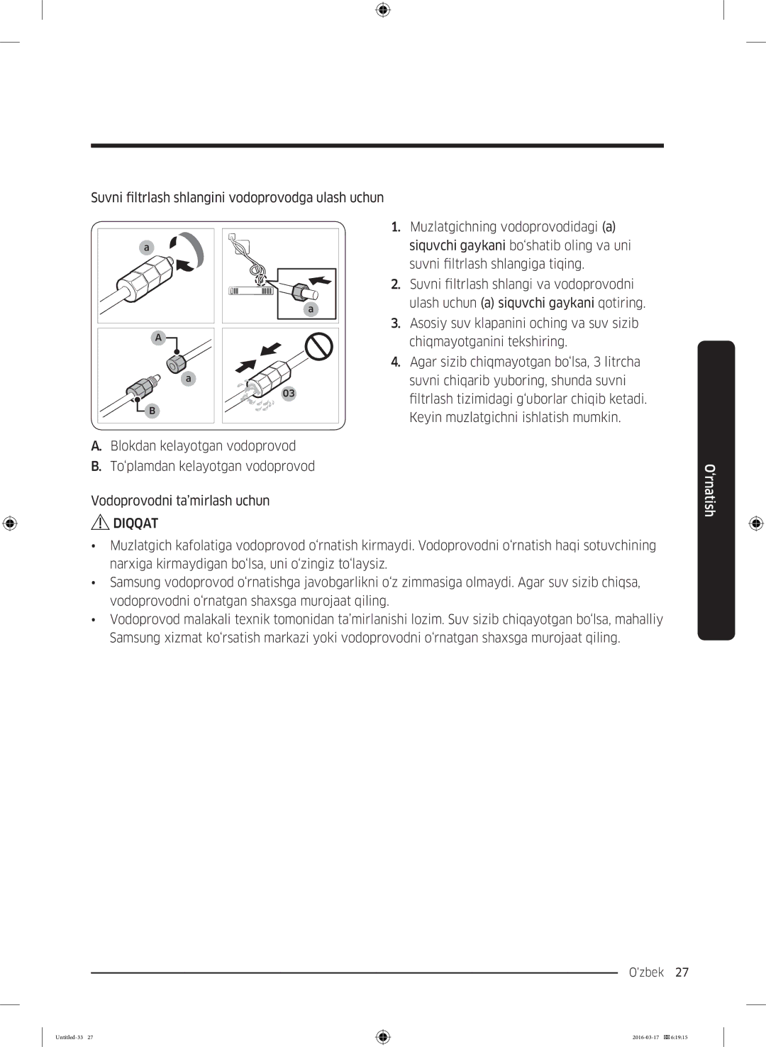 Samsung RS57K4000WW/WT, RS57K4000SA/WT manual Suvni filtrlash shlangini vodoprovodga ulash uchun 