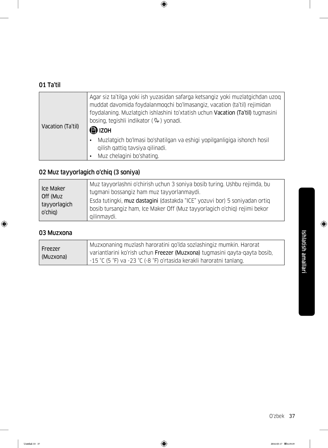 Samsung RS57K4000WW/WT, RS57K4000SA/WT manual 01 Ta’til, Muz tayyorlagich o‘chiq 3 soniya, Muzxona 