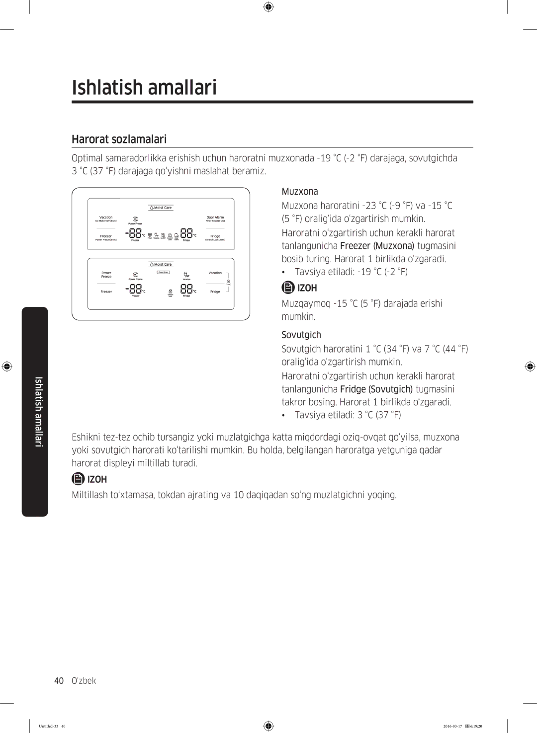 Samsung RS57K4000SA/WT, RS57K4000WW/WT manual Harorat sozlamalari 