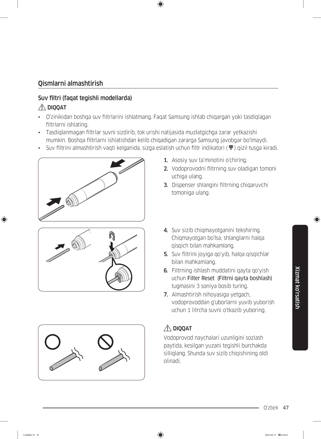 Samsung RS57K4000WW/WT, RS57K4000SA/WT manual Qismlarni almashtirish, Suv filtri faqat tegishli modellarda 