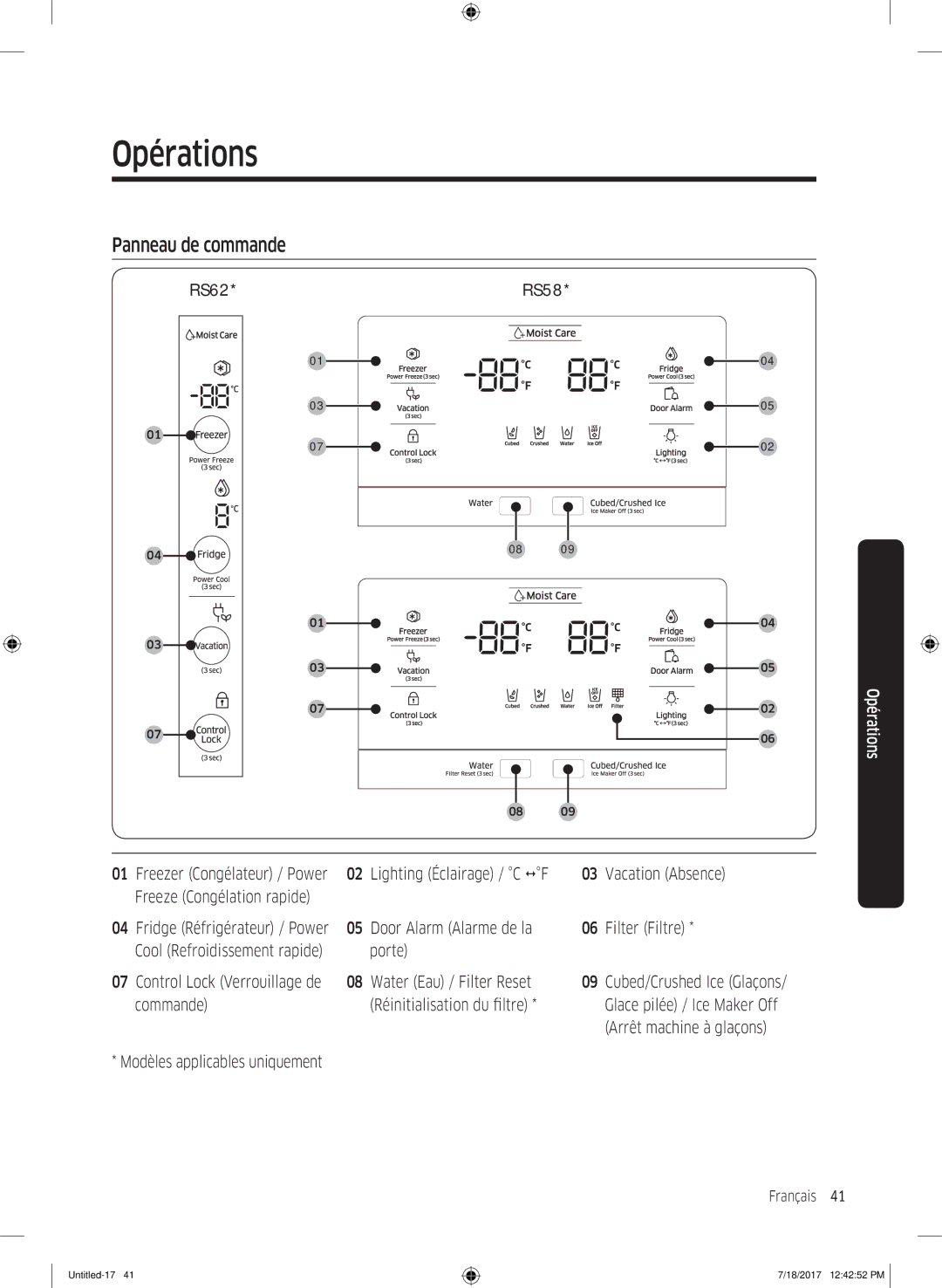 Samsung RS58K6307SL/EF, RS58K6537SL/EF manual Panneau de commande, RS62 RS58, Freeze Congélation rapide, Commande 