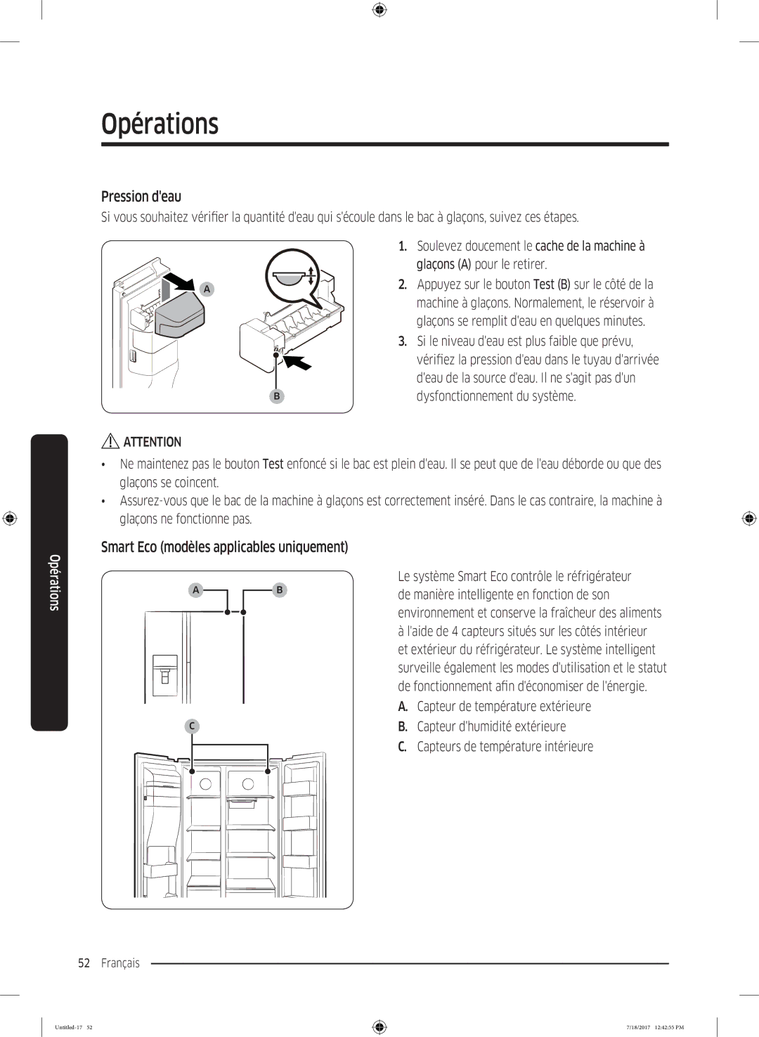 Samsung RS58K6537SL/EF, RS58K6307SL/EF Pression deau, Smart Eco modèles applicables uniquement, Glaçons a pour le retirer 