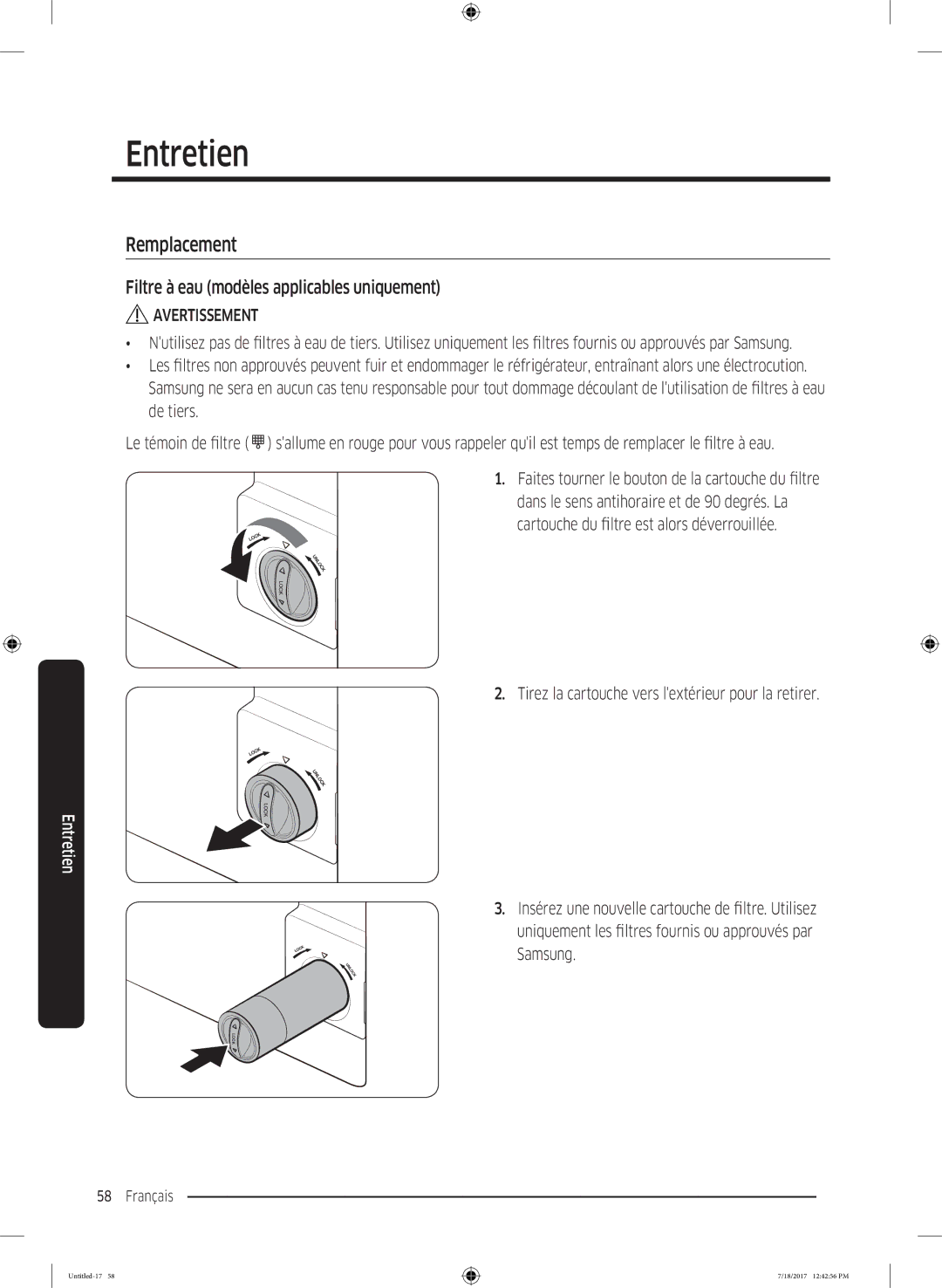 Samsung RS58K6537SL/EF, RS58K6307SL/EF manual Remplacement, Filtre à eau modèles applicables uniquement 