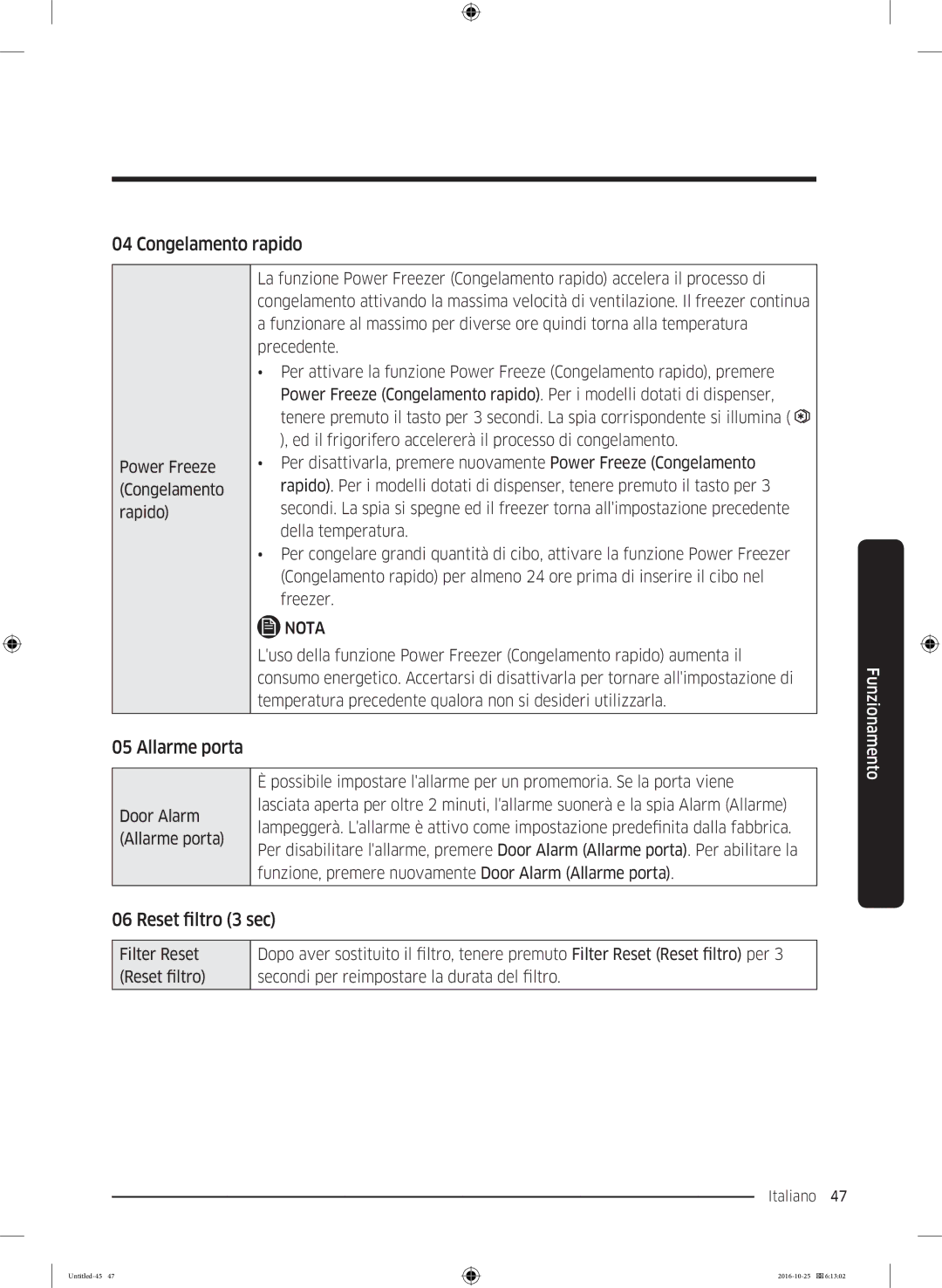 Samsung RS57K4005SA/EF, RS5GK4005SA/EG, RS57K4000SA/EF manual Congelamento rapido, Allarme porta, Reset filtro 3 sec 