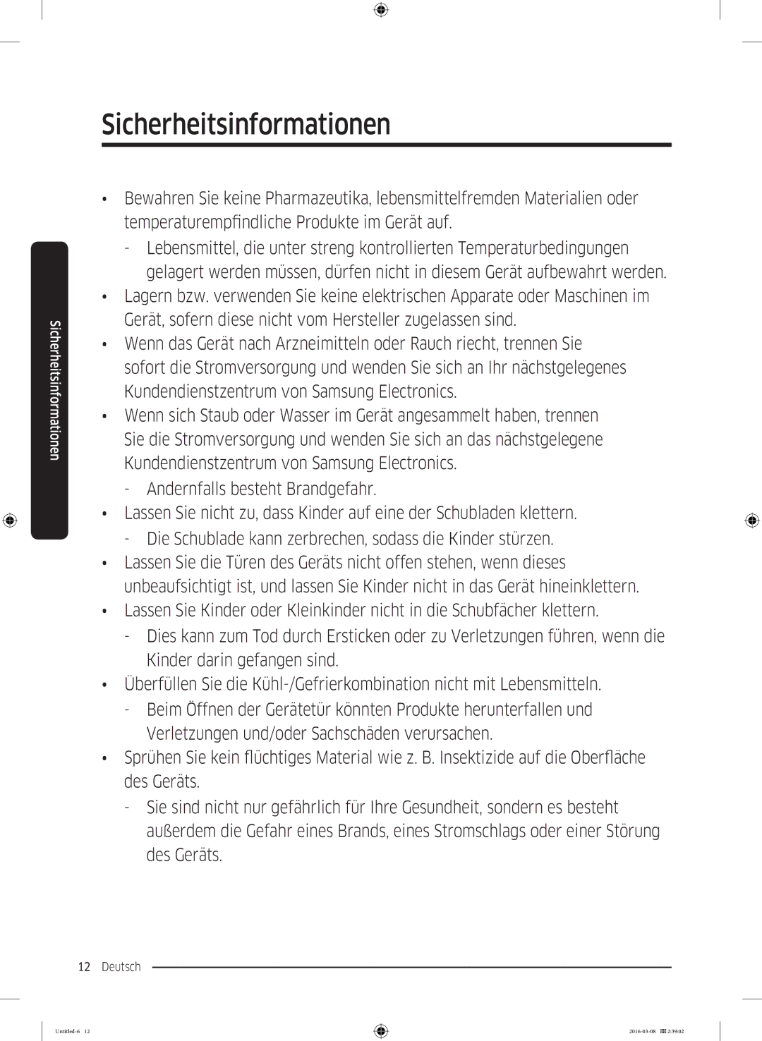 Samsung RS5HK4605SA/EG, RS5GK4005SA/EG, RS57K4000SA/EF, RS5HK4405SA/EG, RS57K4005SA/WS manual Sicherheitsinformationen 