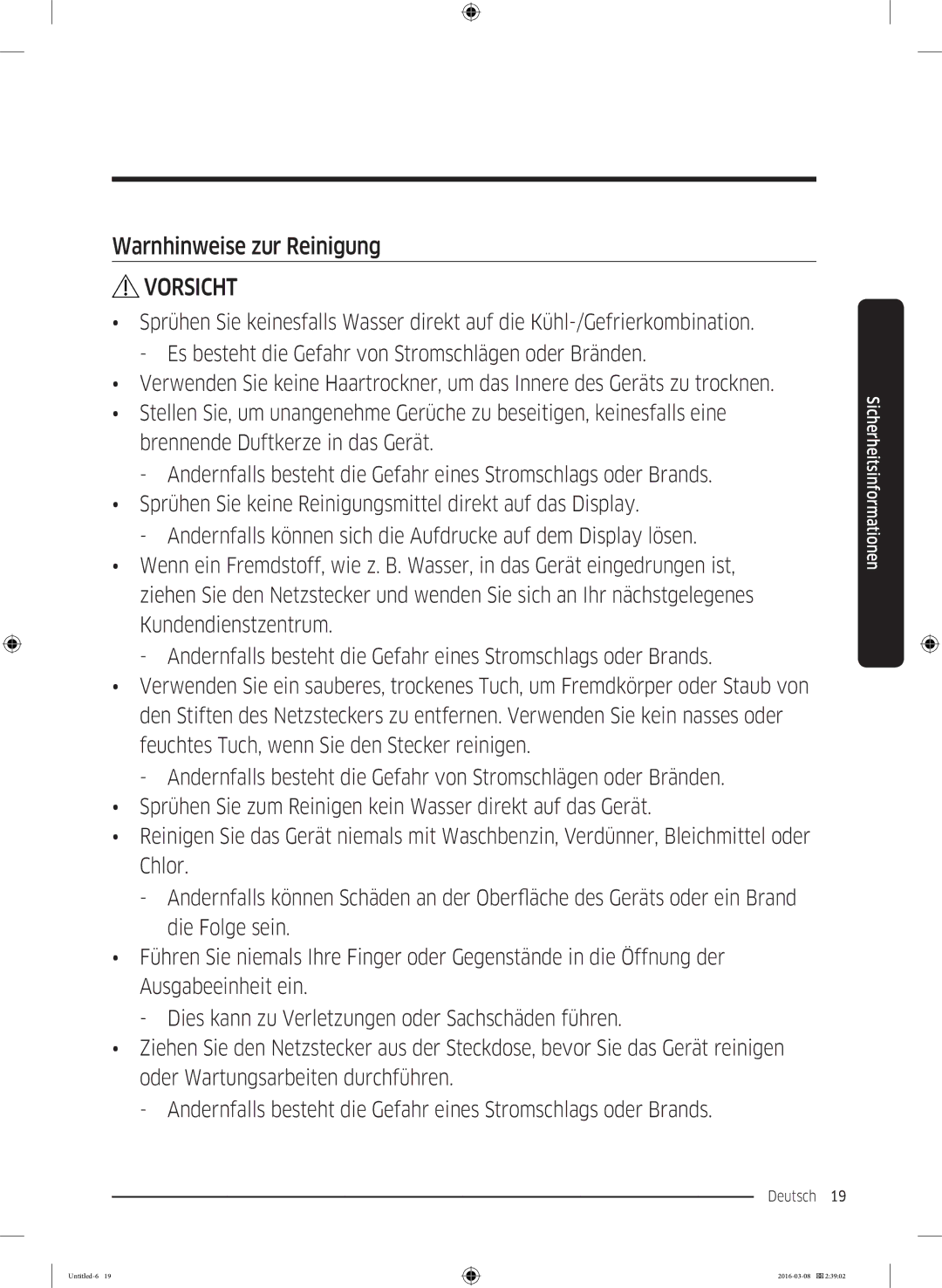 Samsung RS57K4005SA/WS, RS5GK4005SA/EG, RS57K4000SA/EF, RS5HK4405SA/EG, RS5HK4605SA/EG manual Warnhinweise zur Reinigung 