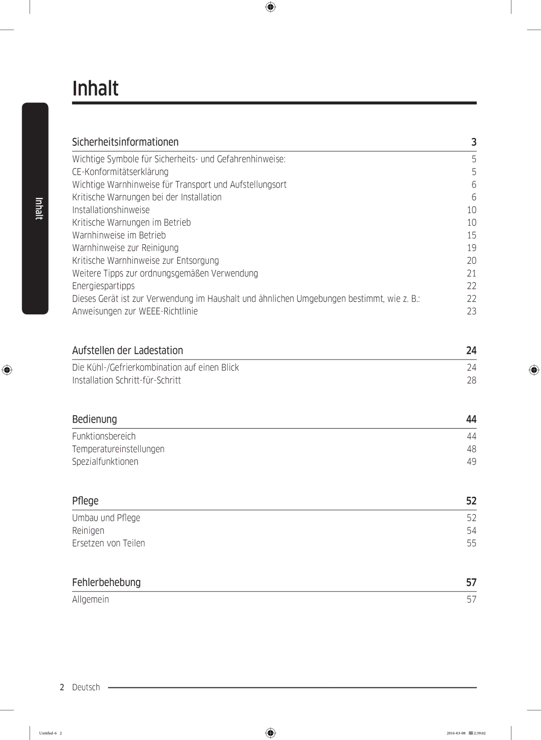 Samsung RS5HK4405SA/EG manual Sicherheitsinformationen, Aufstellen der Ladestation, Bedienung, Pflege, Fehlerbehebung 