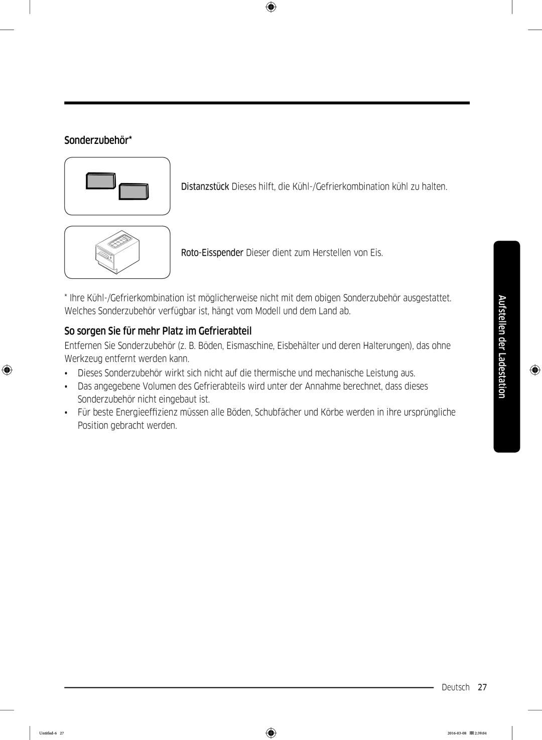 Samsung RS57K4005SA/WS, RS5GK4005SA/EG, RS57K4000SA/EF manual Sonderzubehör, So sorgen Sie für mehr Platz im Gefrierabteil 