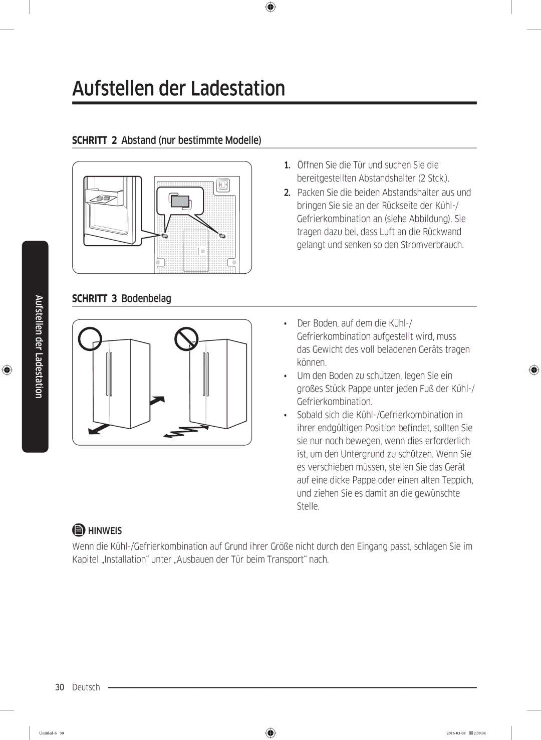 Samsung RS53K4400SA/EG, RS5GK4005SA/EG, RS57K4000SA/EF manual Schritt 2 Abstand nur bestimmte Modelle, Schritt 3 Bodenbelag 