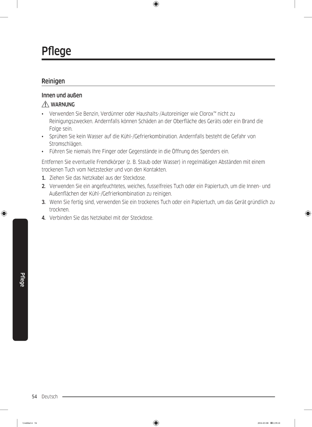 Samsung RS53K4400SA/EG, RS5GK4005SA/EG, RS57K4000SA/EF, RS5HK4405SA/EG, RS57K4005SA/WS manual Reinigen, Innen und außen 