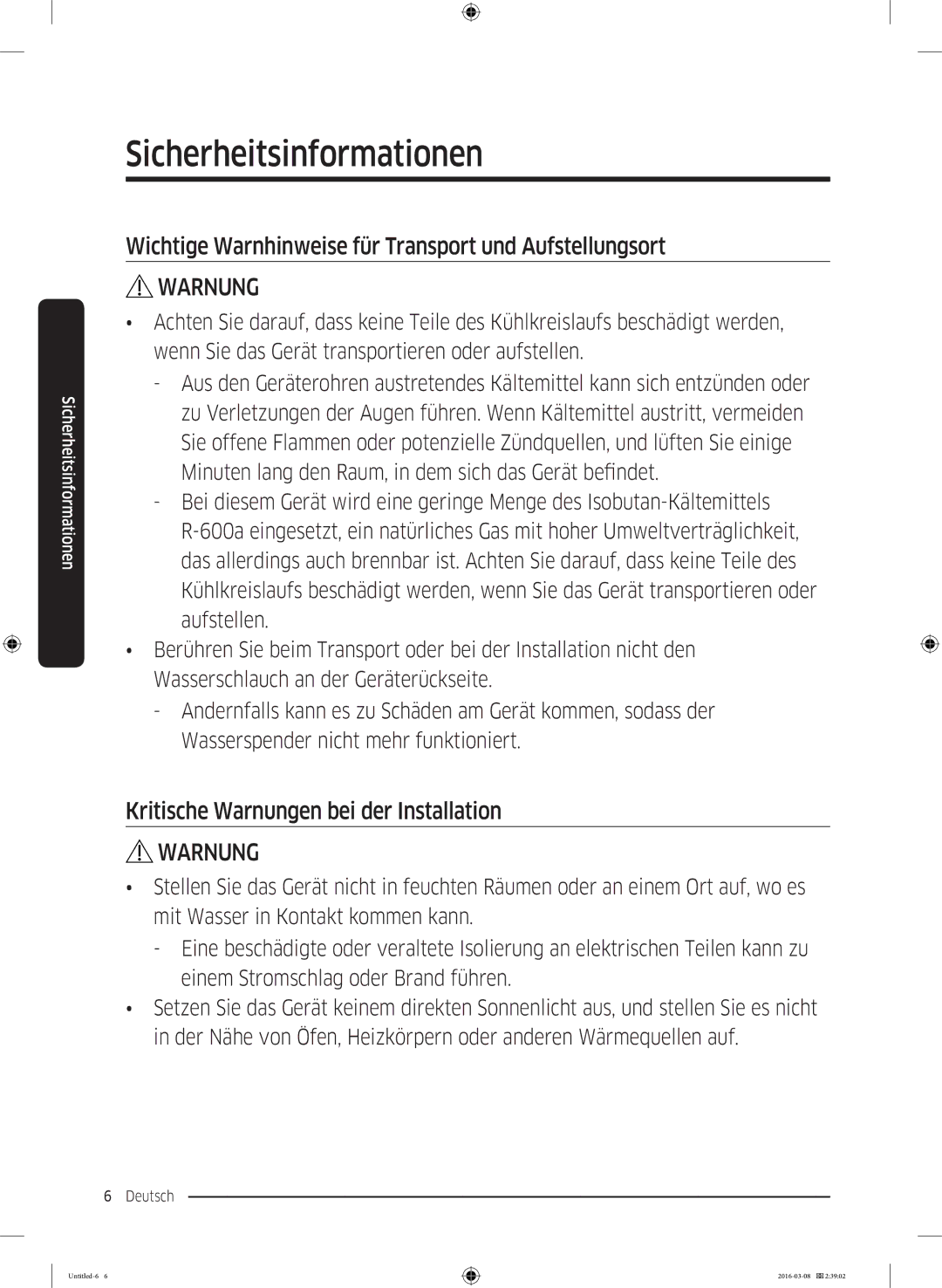 Samsung RS53K4400SA/EG, RS5GK4005SA/EG, RS57K4000SA/EF manual Wichtige Warnhinweise für Transport und Aufstellungsort 