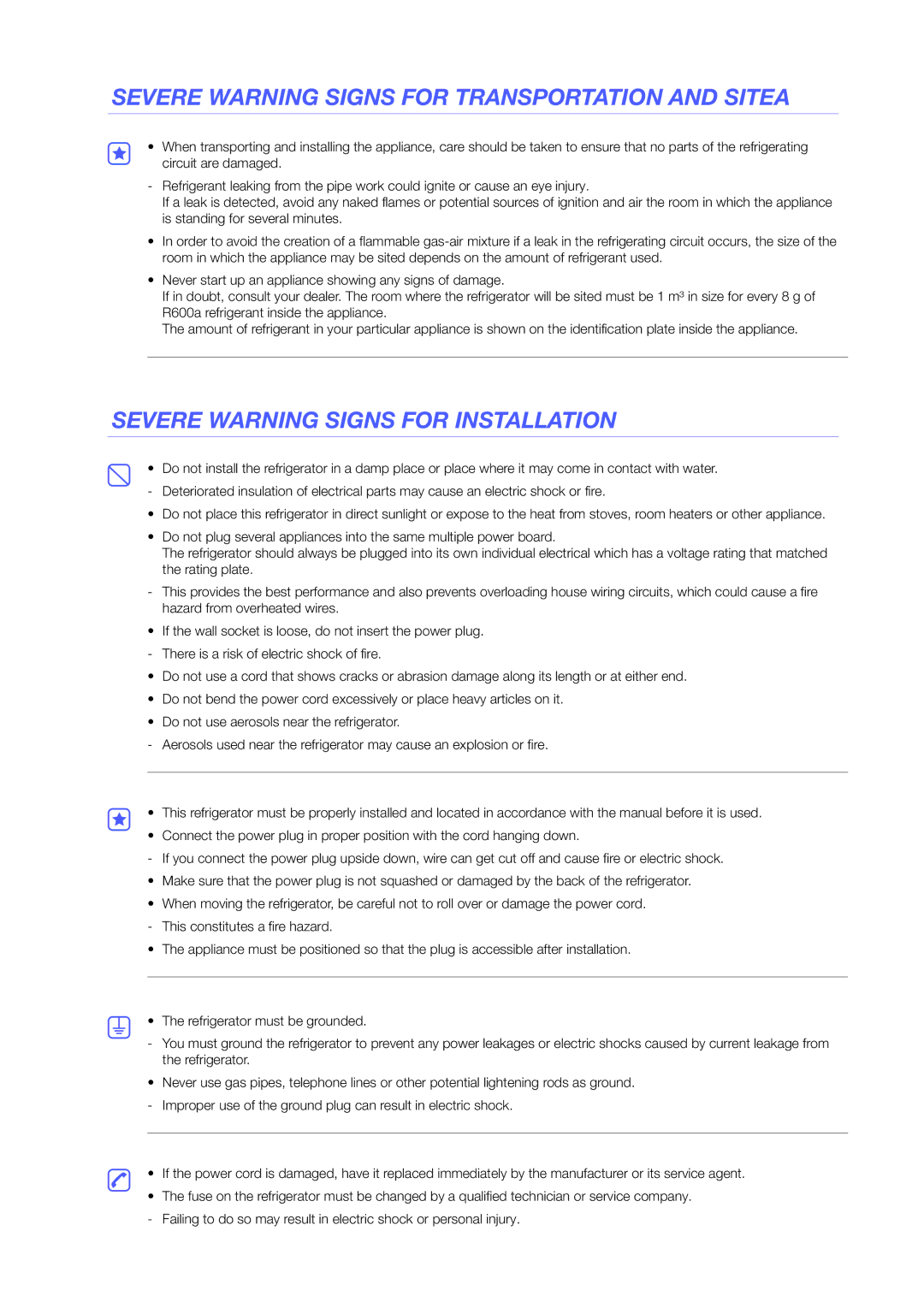 Samsung RS57K4000SA/EF manual Severe Warning Signs for Transportation and Sitea, Severe Warning Signs for Installation 