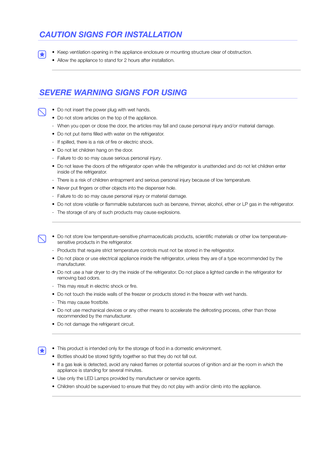 Samsung RS7J78BHCSL/EG, RS5GK4005SA/EG, RS7778FHCSL/EG, RS57K4000SA/EF, RS5HK4405SA/EG manual Severe Warning Signs for Using 