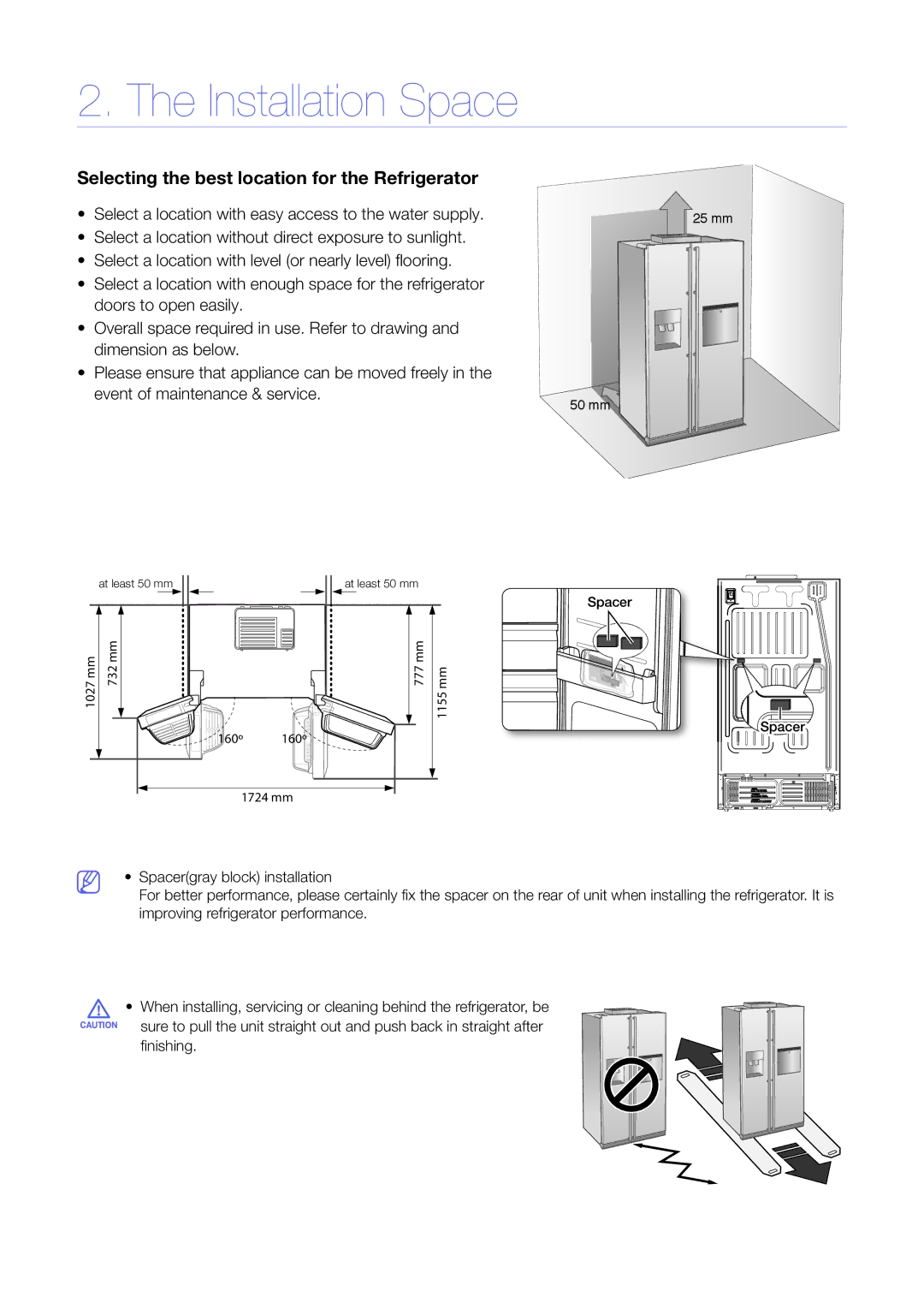 Samsung RS7578THCSR/EF, RS5GK4005SA/EG, RS7778FHCSL/EG Installation Space, Selecting the best location for the Refrigerator 