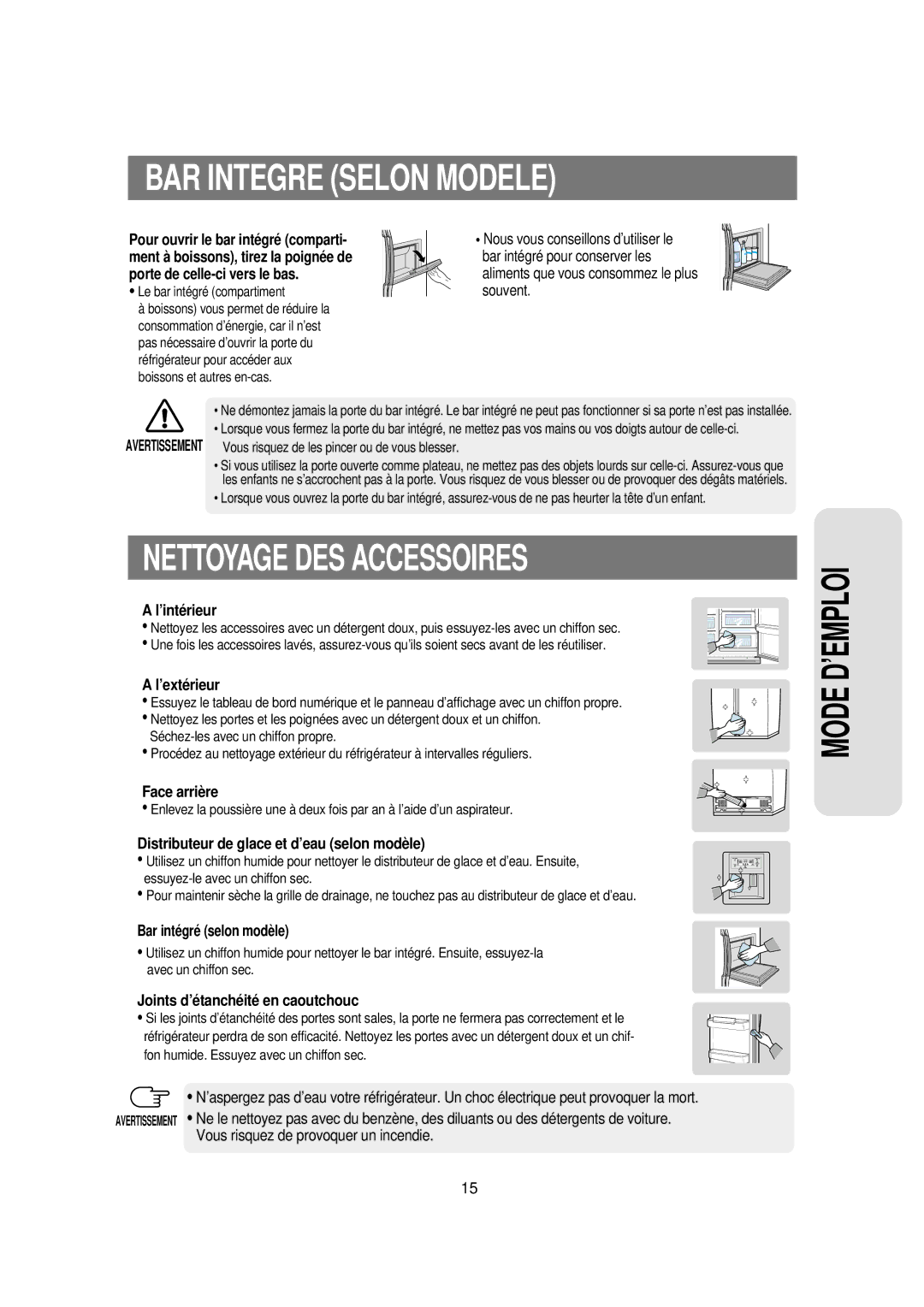 Samsung RS60DJSW1/XEF manual BAR Integre Selon Modele, Nettoyage DES Accessoires 