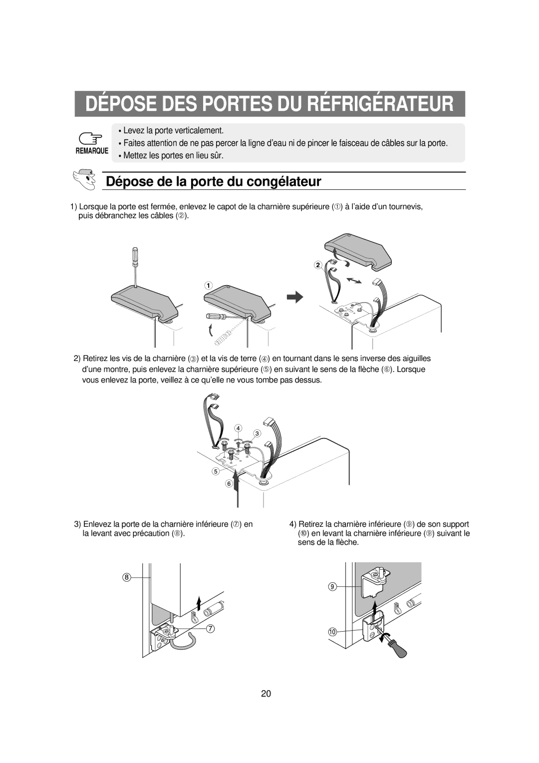 Samsung RS60DJSW1/XEF manual Dépose de la porte du congélateur 