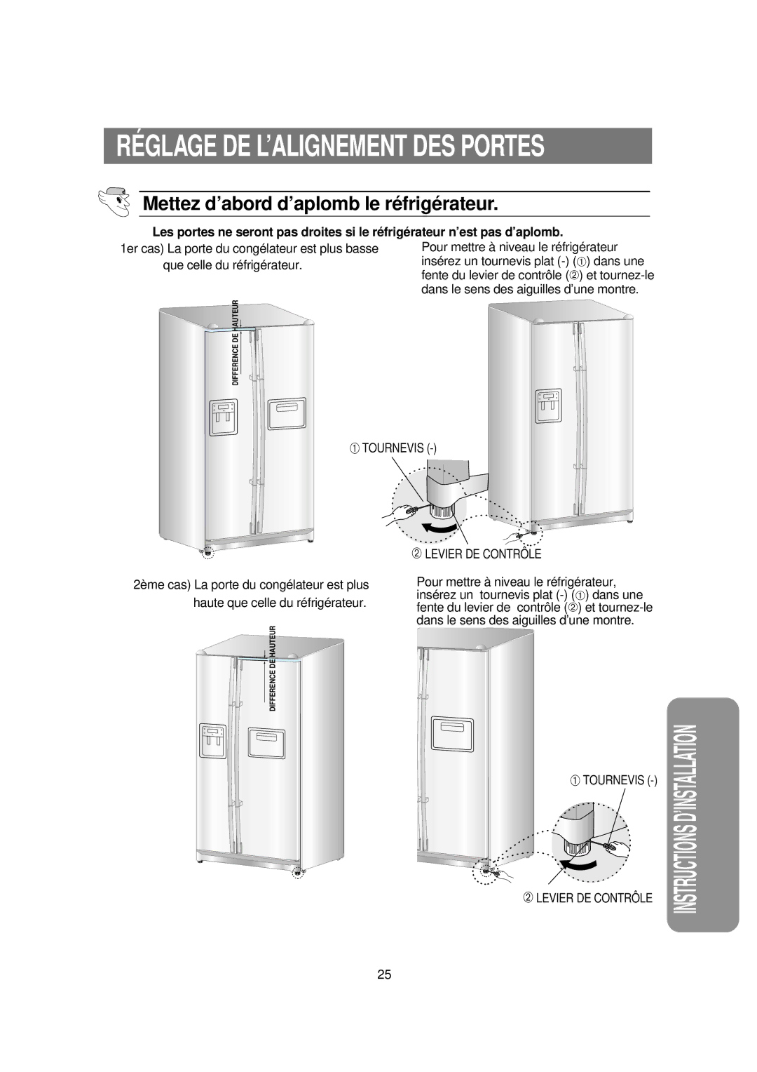 Samsung RS60DJSW1/XEF manual Réglage DE L’ALIGNEMENT DES Portes, Mettez d’abord d’aplomb le réfrigérateur 