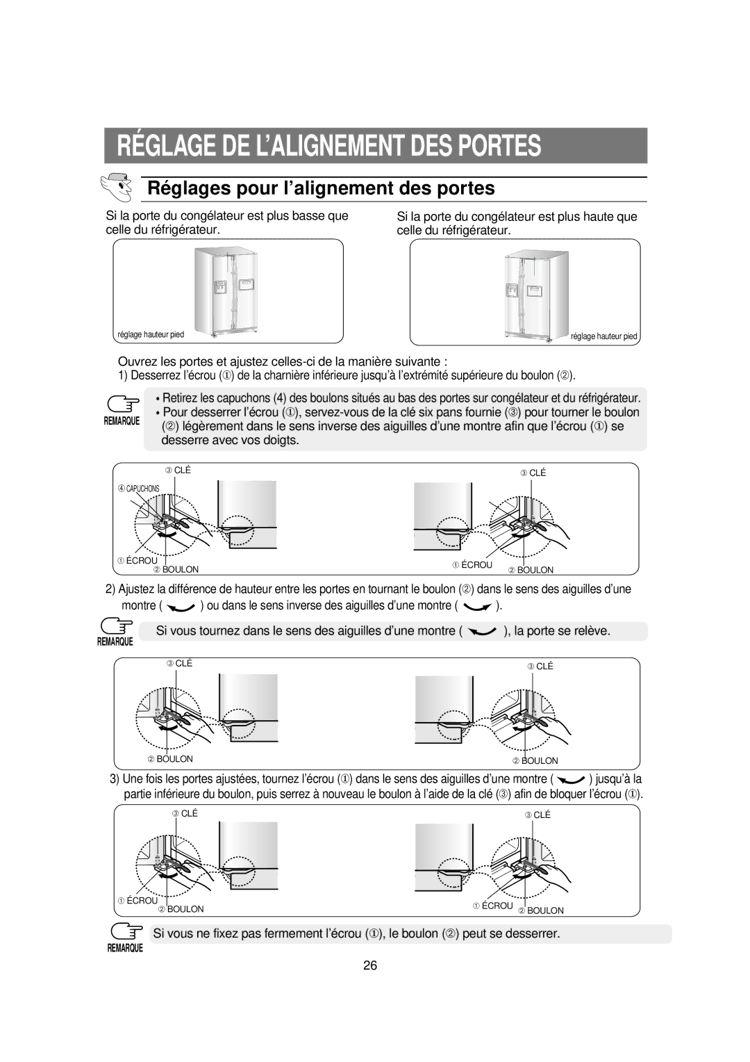 Samsung RS60DJSW1/XEF manual Réglages pour l’alignement des portes, Remarque 