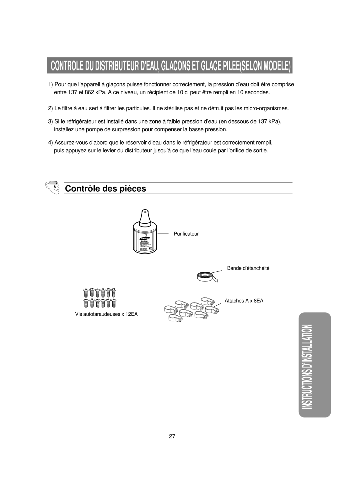 Samsung RS60DJSW1/XEF manual Contrôle des pièces 