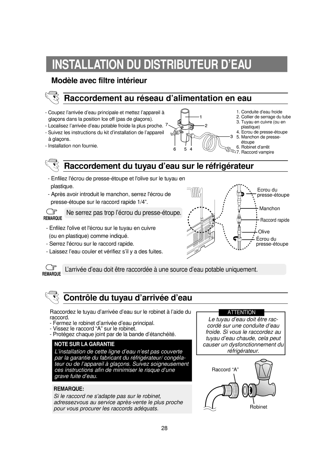 Samsung RS60DJSW1/XEF manual Installation DU Distributeur D’EAU, Raccordement au réseau d’alimentation en eau 