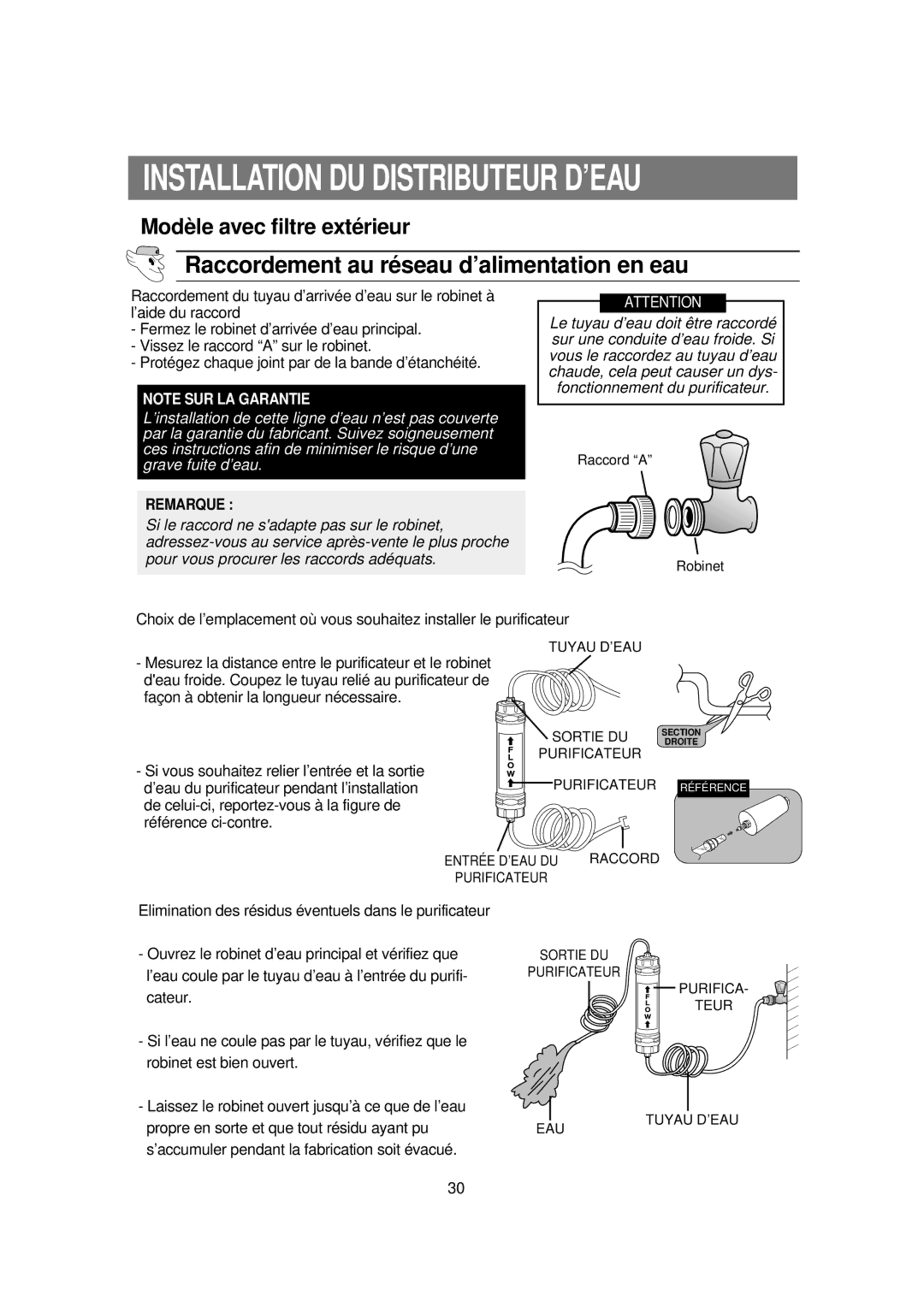 Samsung RS60DJSW1/XEF manual ’eau coule par le tuyau d’eau à l’entrée du purifi 