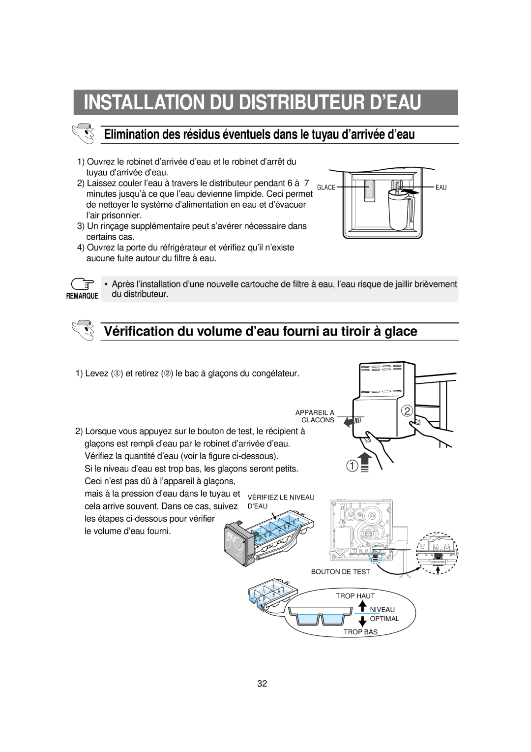 Samsung RS60DJSW1/XEF manual Vérification du volume d’eau fourni au tiroir à glace 