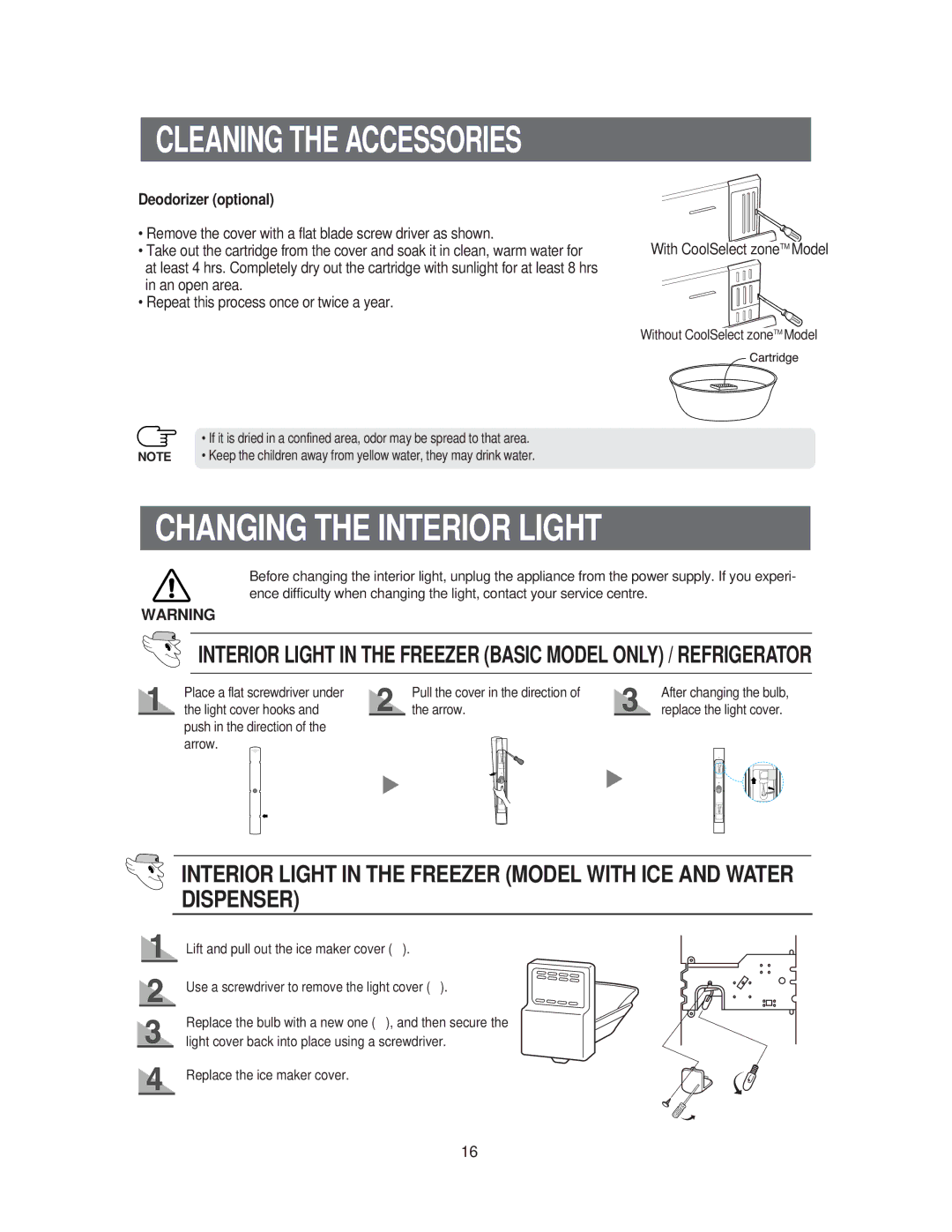 Samsung RS60KJSM1/XEG, RS60FJSM1/BUL Changing the Interior Light, Deodorizer optional, Arrow, Replace the ice maker cover 